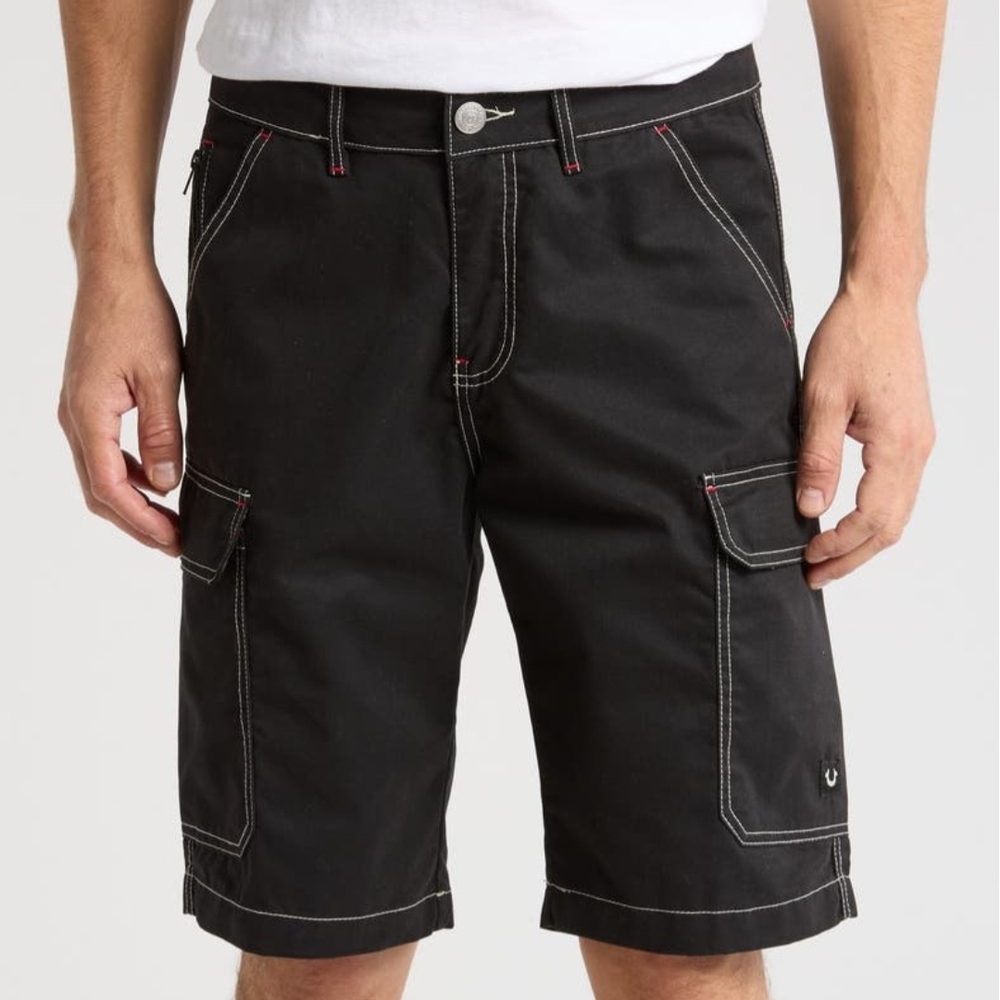 NWT True Religion Jet Black Cargo Shorts Contrast Stitch Flap Pocket Mens 38